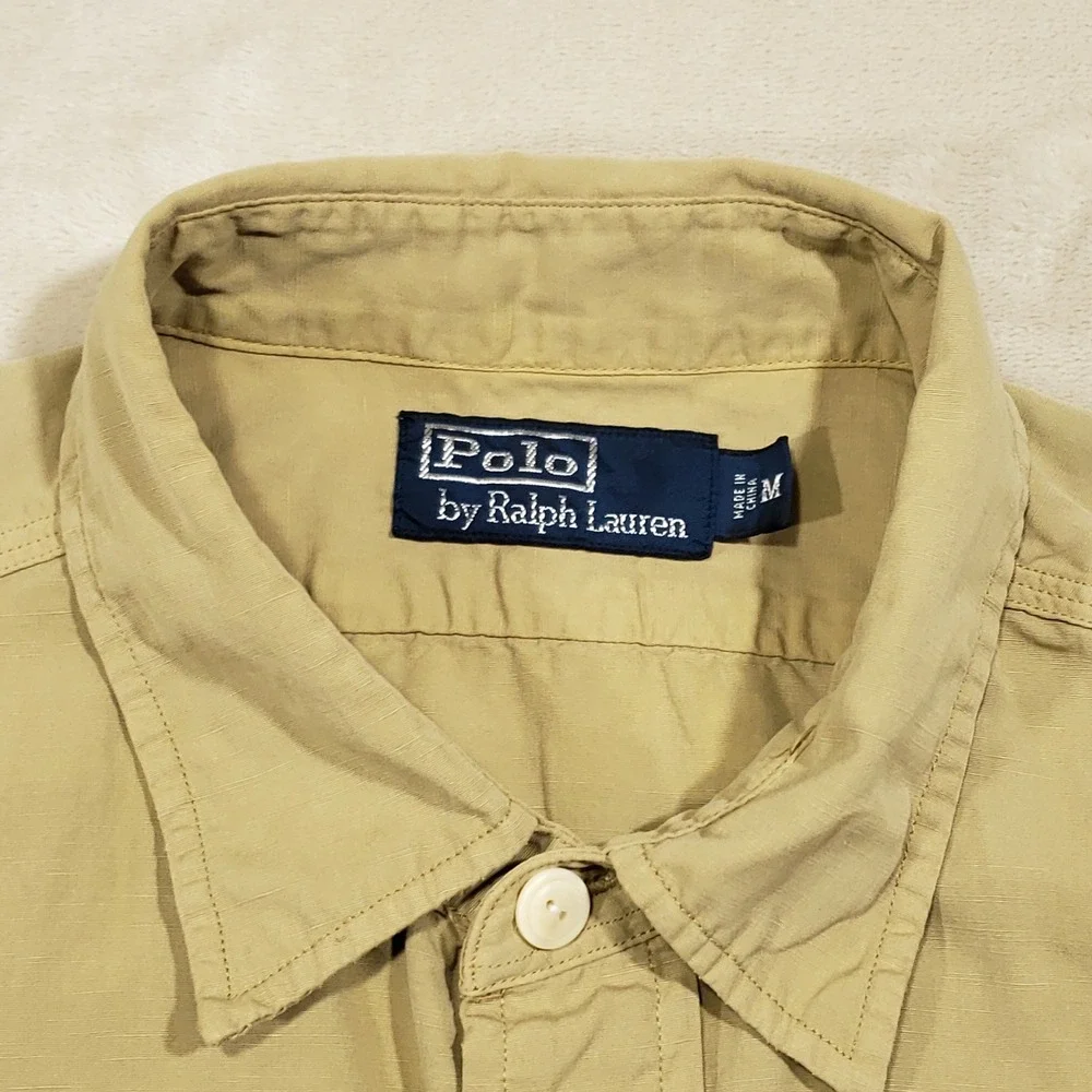Polo Ralph Lauren Safari Button Up Shirt Men Medium Tan Linen Blend Short Sleeve